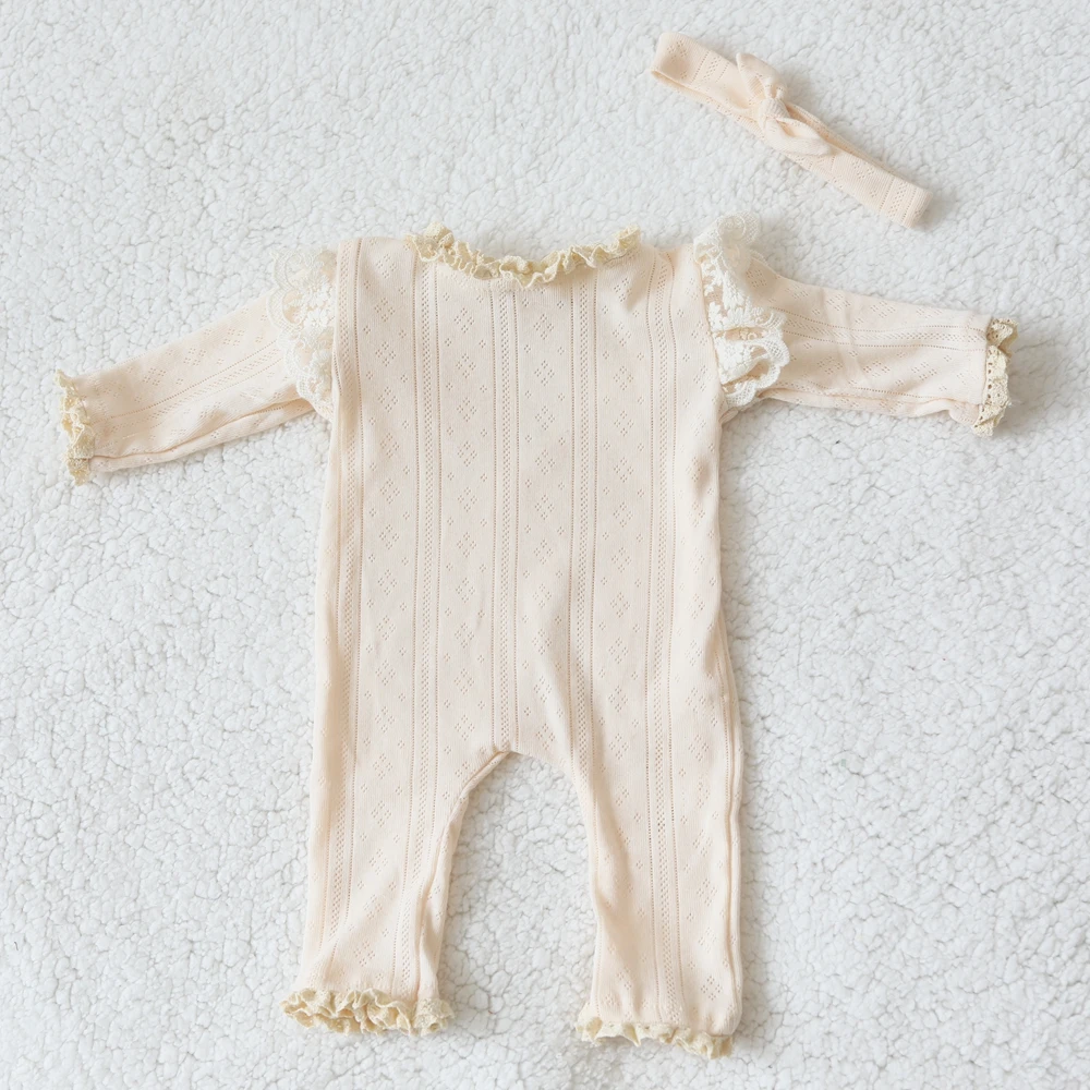 Newborn Photography Props Lace Romper with Bow Headband Baby Girl Outfit Infant Photo Shoot Costume Boutique Set image 4