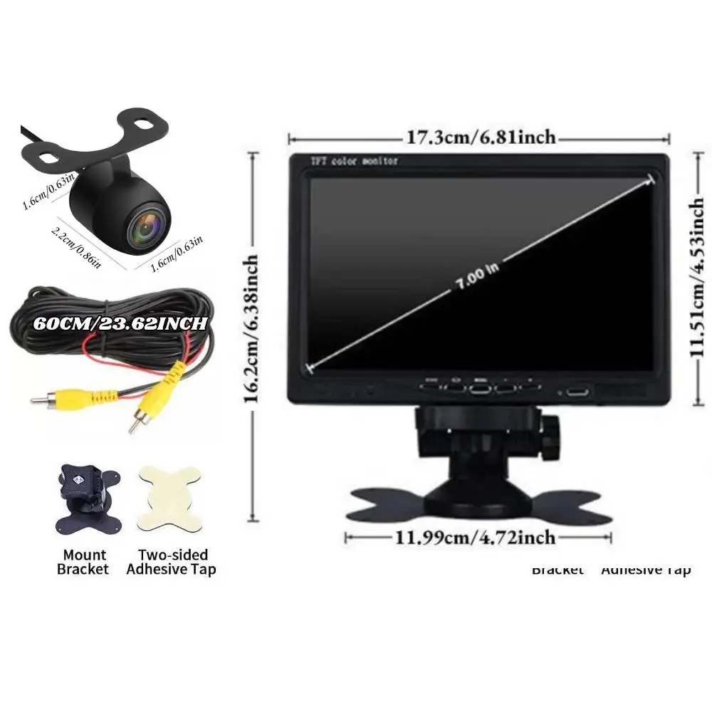 طقم كاميرا احتياطية للرؤية الخلفية مقاس 7 بوصات - مناسب للسيارات والحافلات والمقطورات والرافعات الشوكية والحصادين ودليل ركن السيارة