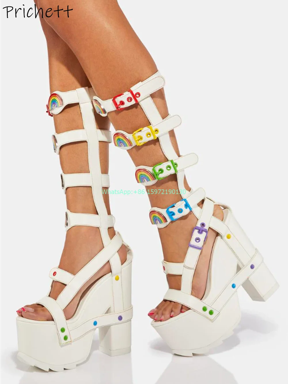 

Rainbow Hollow Sandals Colorful Round Toe Buckle Strap Platform Chunky Heels Shoes White Fashion Runway Sexy Knee High Boots