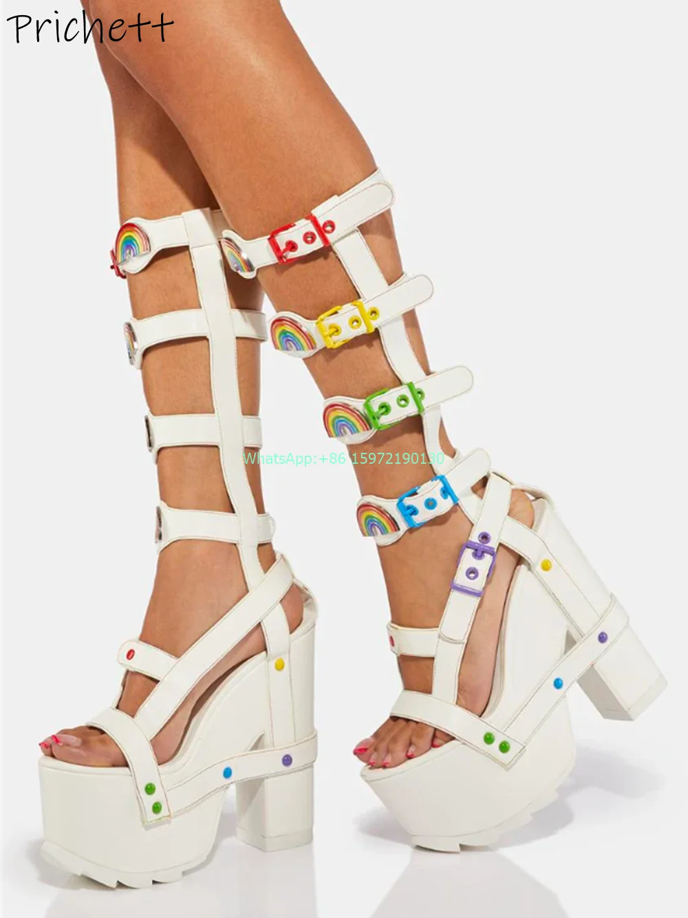 Rainbow Hollow Sandals Colorful Round Toe Buckle Strap Platform Chunky Heels Shoes White Fashion Runway Sexy Knee High Boots