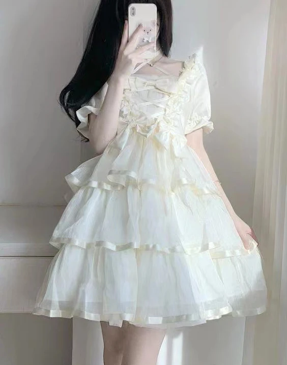 Victorian Princess Lolita OP Dress Fairy Birthday Wedding Women Sweet Bow abiti a maniche corte ragazze Cute Party Vestidos