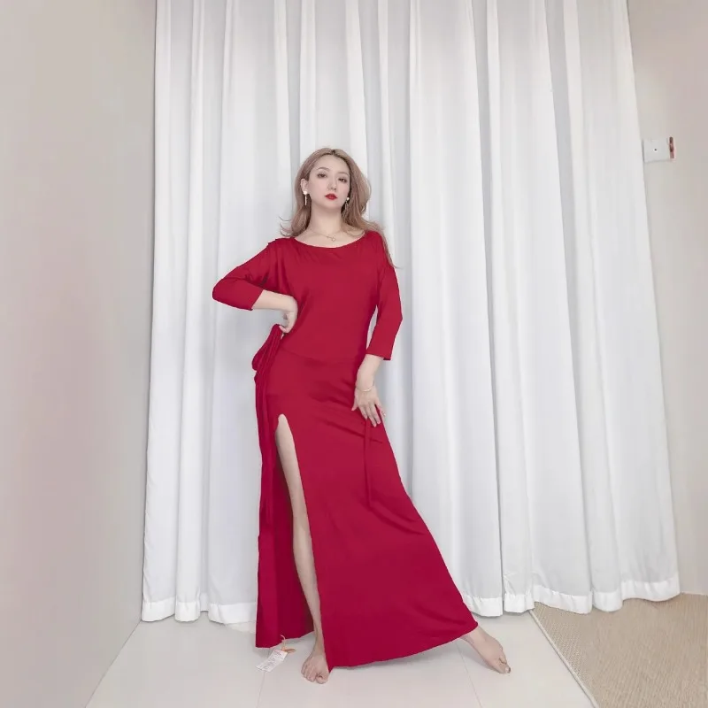 costumi di danza del ventre personalizzati pratica vestito vino rosso modal cravatta abito abito esotico dancewear cantante costume da donna