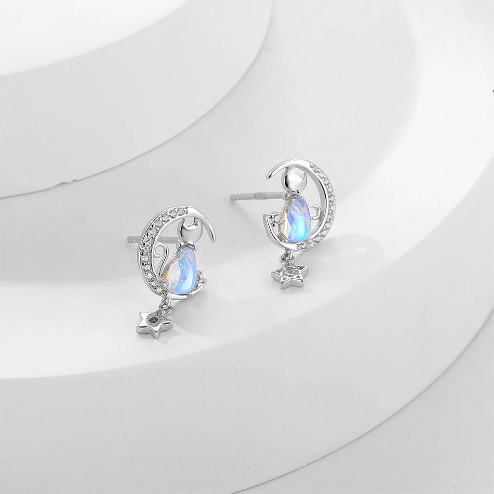 RYJU-925 Sterling Silver Moon Cat Stud Brincos para Mulheres, Moda Bonito Moonstone Brincos, Festa De Casamento Jóias, Presente De Aniversário