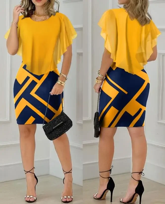 

Women's Dress 2025 Spring New Fashion Geometric Print Ruffle Hem Round Neck Short Sleeve Elegant Bodycon Daily Mini Dress