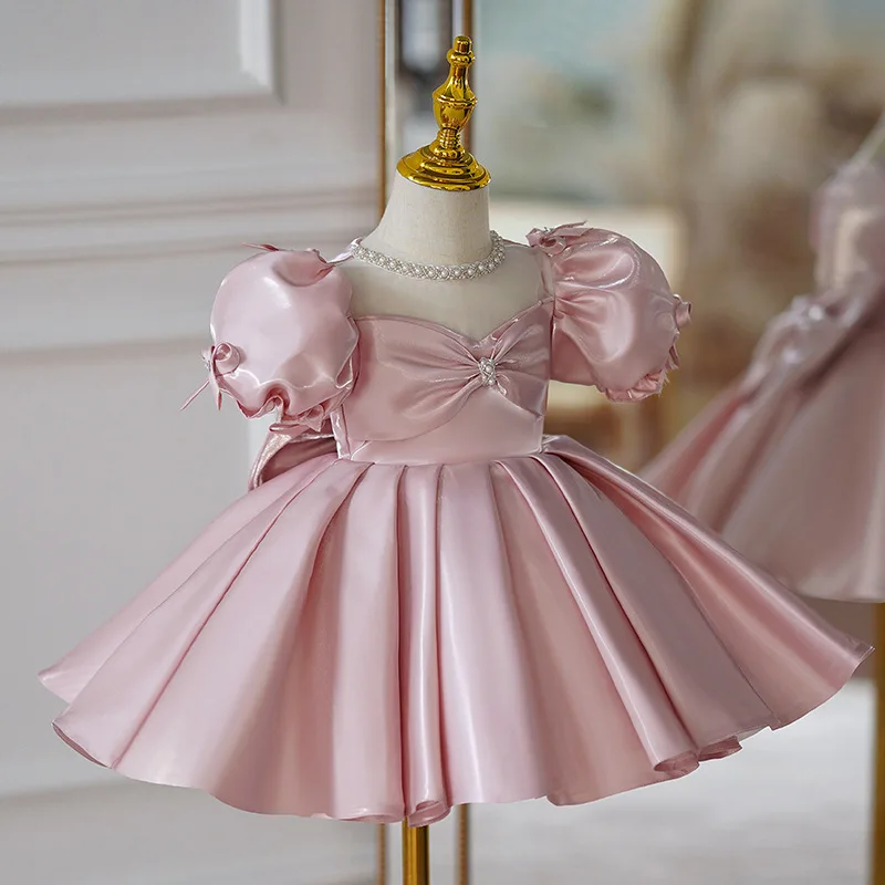 Kids Pink Luxury Birthday Party Dress for Little Girls Princess Short Evening Gowns Pageant Child Formal Occasion Dresses Satin