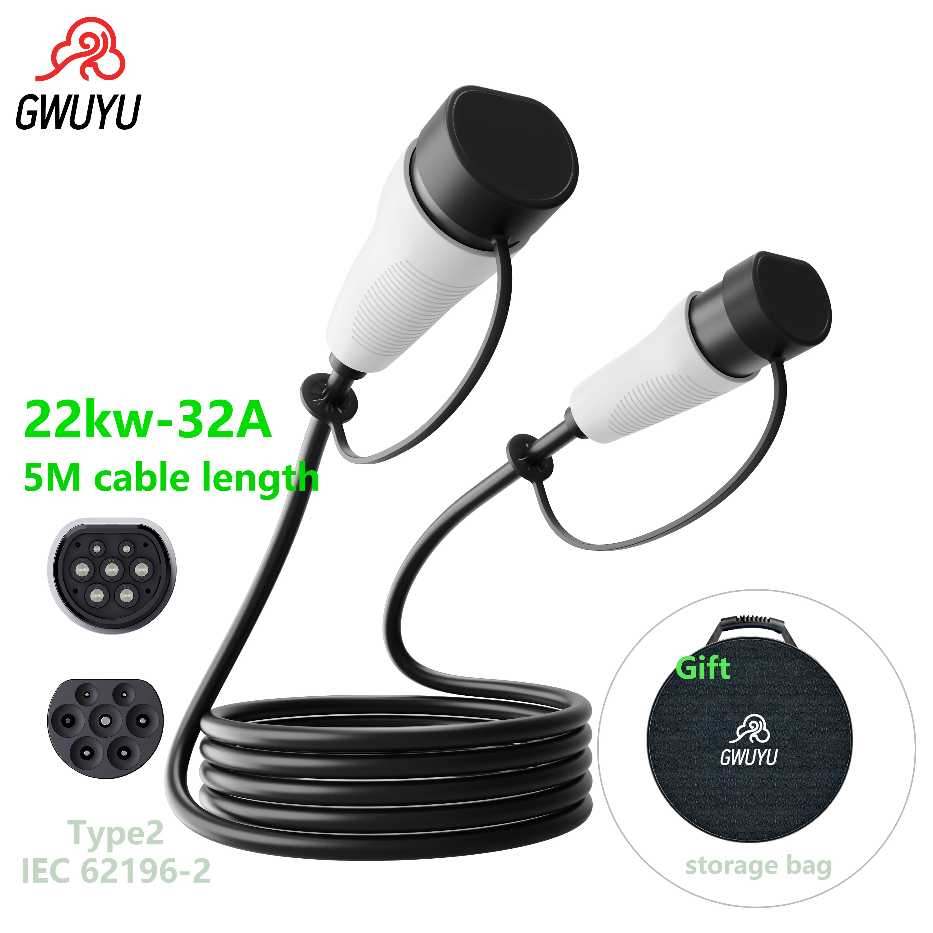 

GWUYU O11 Автомобильный удлинительный кабель для зарядки электромобилей 5 м 3,5 кВт 7 кВт 11 кВт 22 кВт 16 А 32 А 3-фазный 250 В 480 В для зарядного устройства типа 2