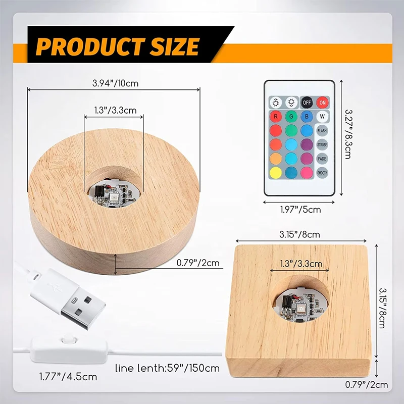 5/6/8/10CM Square Round Solid Wood LED Light Luminous Lamp Holder DIY Crystal Night Light Base USB 1.5M With Remote Control