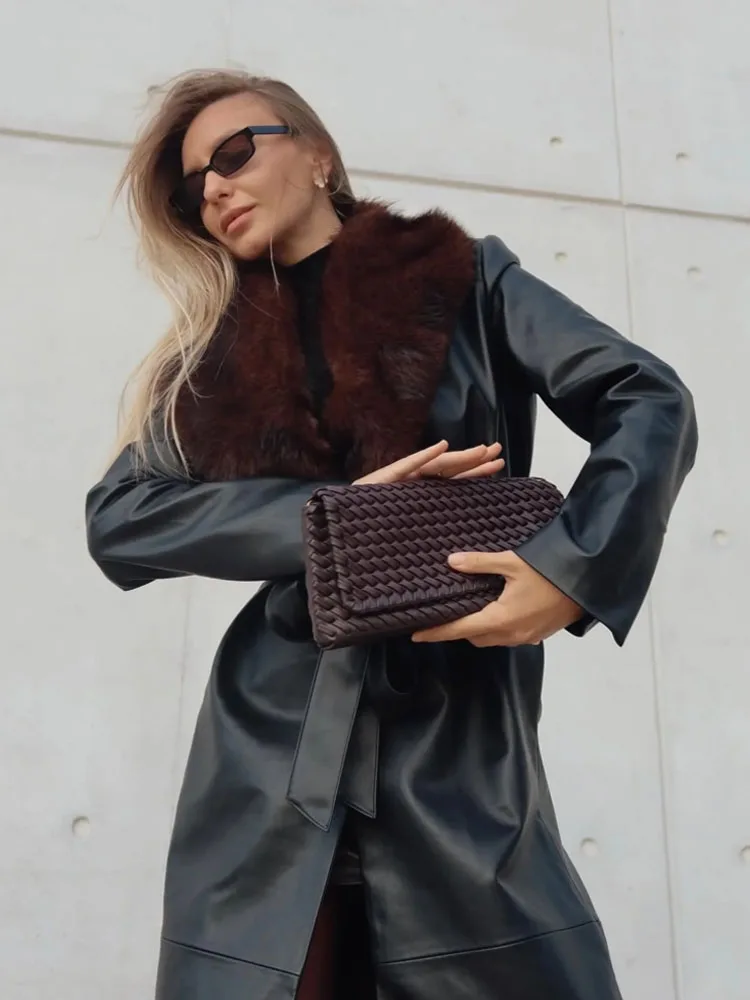 HH Women Winter Coat Fur Turn-Down Collar Long Sleeves Lace-Up Decoration Single Breasted Loose Jackets Female Chic Warm Jackets