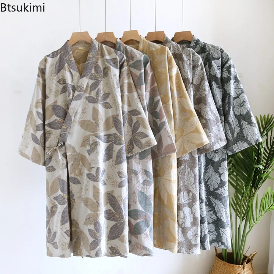 New 2026 Spring and Autumn Women's Cotton Kimono Sleeping Robes Yukata Cardigan Lace Up Yarn Woven Jacquard Bathrobes for Women