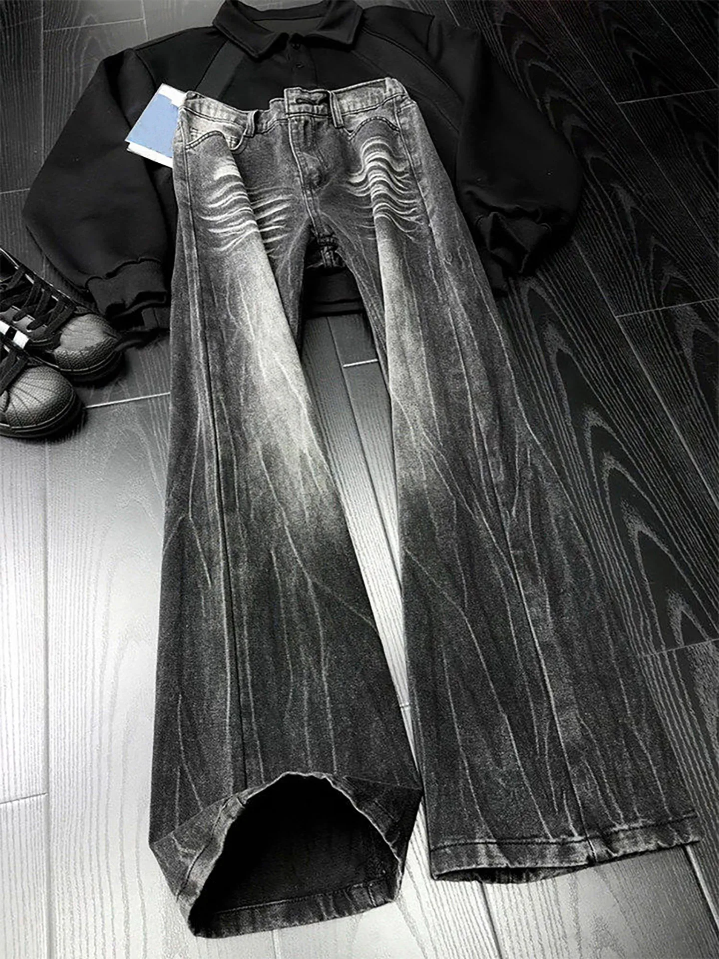 Vintage Washed Slim Fit Straight Leg Jeans High Street Lightning Pattern Button Half Elasticity for Men Summer Casual Denim