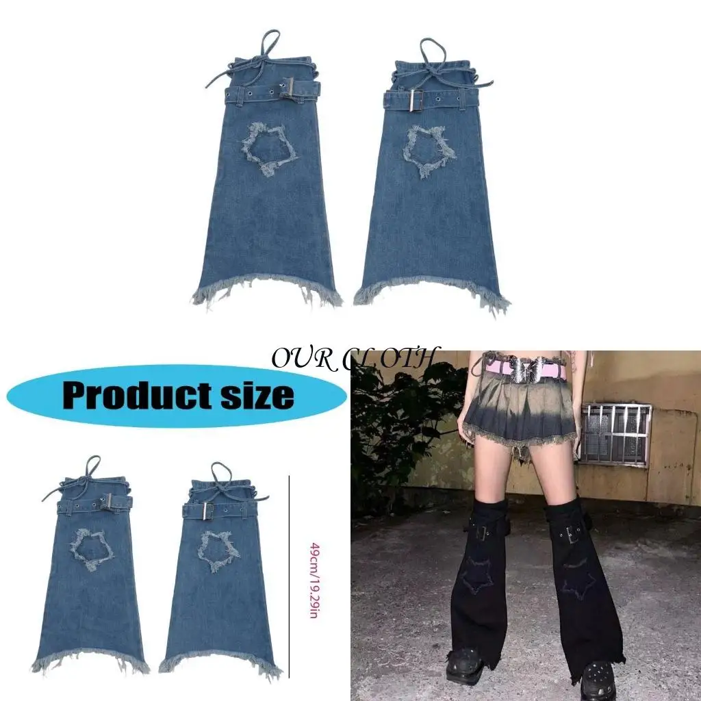Women Denims Leg Warmers Girls 80s Harajuku Punk Long Leg Socks Flared Leg Sleeves Gothic Clothes Streetwear Y1AC