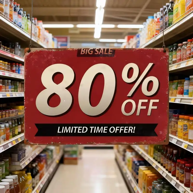 Retro Red 80% OFF Sale Metal Tin Sign - Distressed Iron Wall Art with BIG SALE & LIMITED TIME OFFER Design, Perfect for Supermar