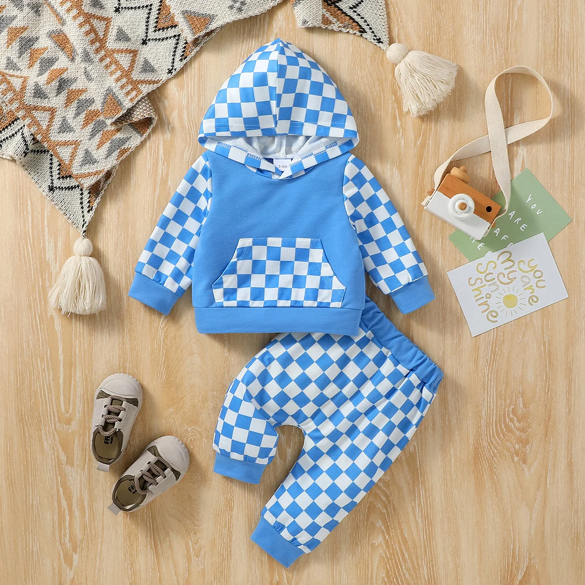 

2024 New Baby Boys Long Sleeve Hooded Plaid Sweatshirt +Pant For Fall sporty Style Clothing Set