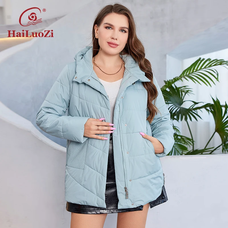 HaiLuoZi-abrigo con capucha y bolsillo lateral para mujer, chaqueta clásica de algodón fino con cremallera de alta calidad, talla grande, invierno,