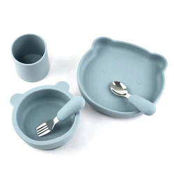 Juego de vajilla de silicona de acero inoxidable para niños, tenedor, cuchara, taza, herramienta de entrenamiento para comer, ventosa, tazón, alimentación adicional, bebé