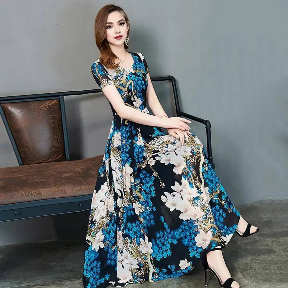 Women Printed Midi Dress Floral Print A-line Midi Dress for Women with High Waist Short Sleeves for Formal Parties Commuting