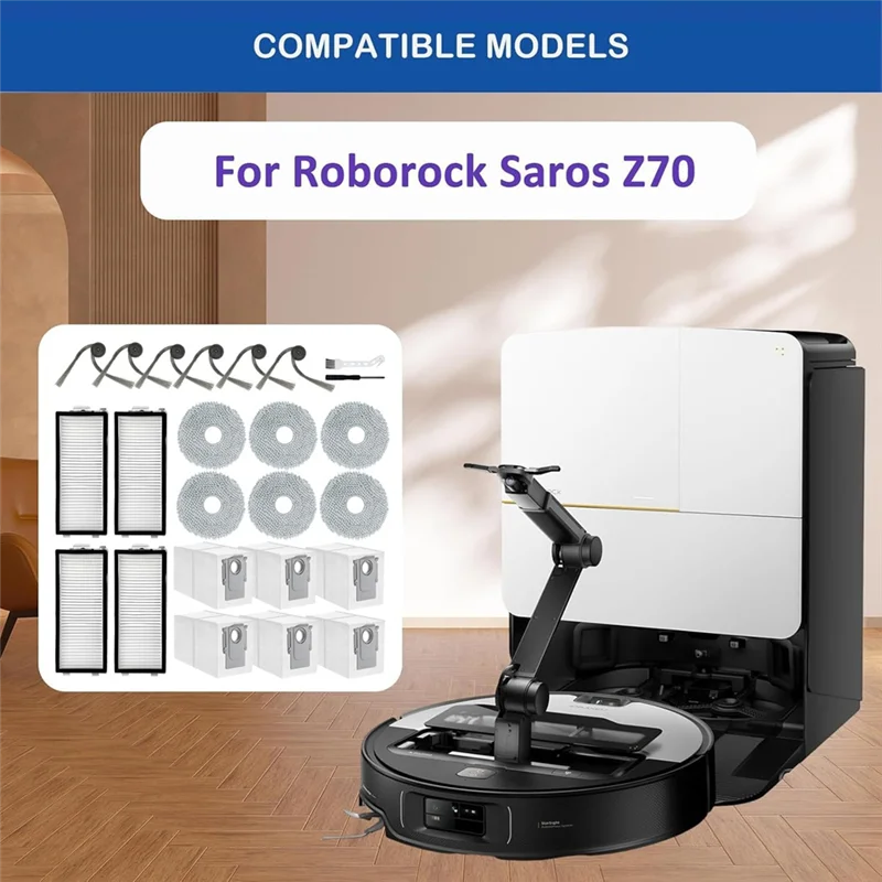 ABUS-Kit Aksesori Pengganti untuk Suku Cadang Penyedot Debu Robot Roborock Saros Z70, Kantong Debu Sikat Samping Filter Hepa + 6 Pel