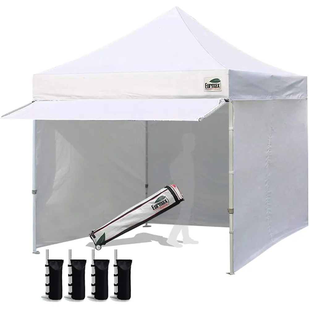 

10x10 Outdoor Party Tent with 4 Removable Sidewalls, Roller Bag, Sand Bags & Extended Awning (White)