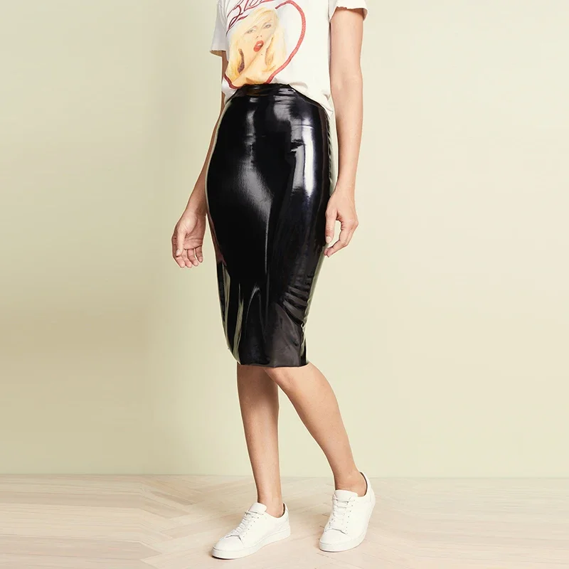 Casual High Waist PU Leather Midi Skirts Women Faux Latex Pencil Skirts Hems Split Office Lady Stretchy Bodycon Skirts Custom