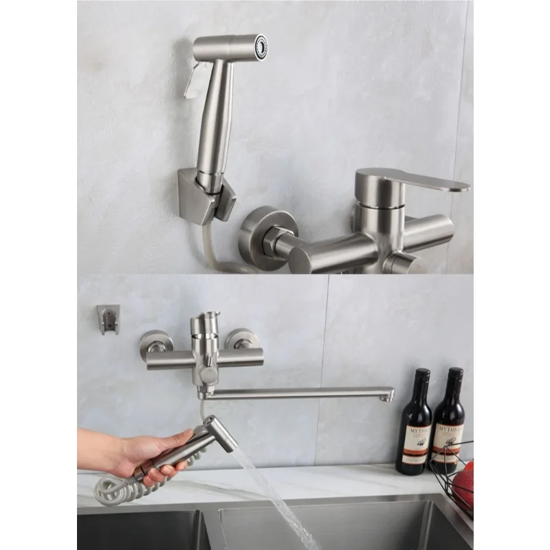 304 Stainless Steel Embedded Extended Spout Kitchen Faucet Set, Pressurized Spray Gun Bathroom Multifunctional Faucet