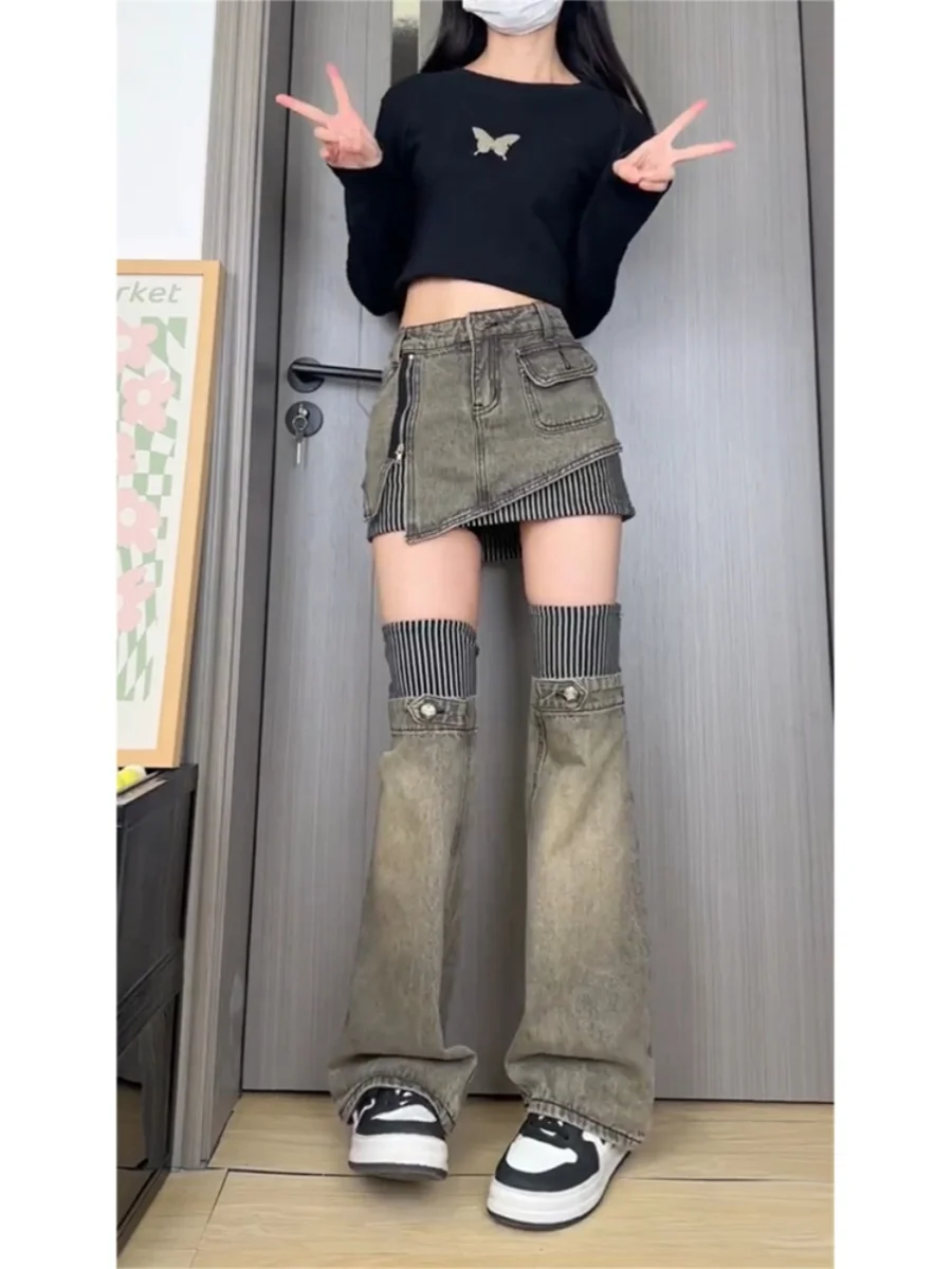 

Комплект из полосатой короткой юбки и леггинсов больших размеров, летняя новинка, женская джинсовая юбка в корейском стиле, повседневная, с высокой талией, А-силуэт