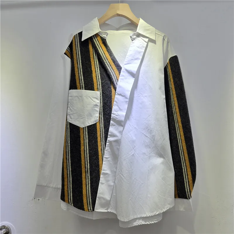 SuperAen Korean Style Loose Patchwork Striped Polo-neck Shirt Design 2026 Autumn New Fashion and Casual Mid-length Shirts
