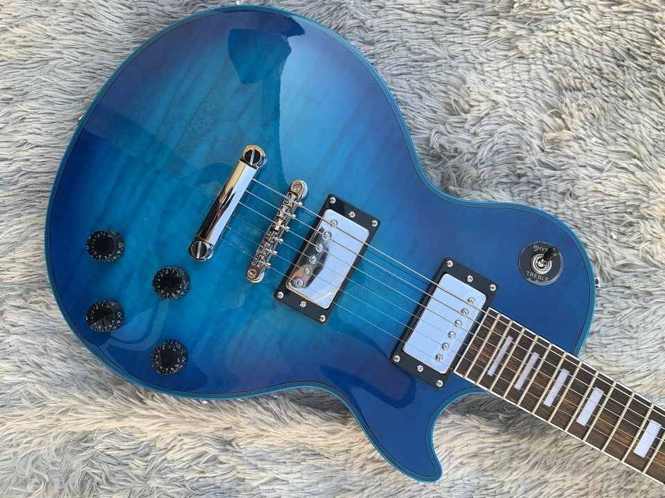 In stock Classic custom shop blue color LP electric guitar,Mahogany solid body with quilted maple topguitarra,Free shipping