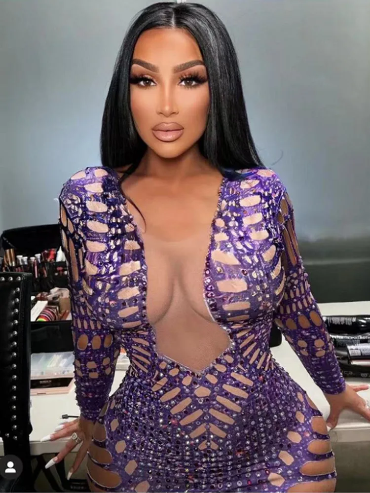 

Stock Summer Women Long Sleeve Mesh Purple Cut Out Maxi Long Dress Birthday Party Costume Bar Nightclub Stage Performance Dress
