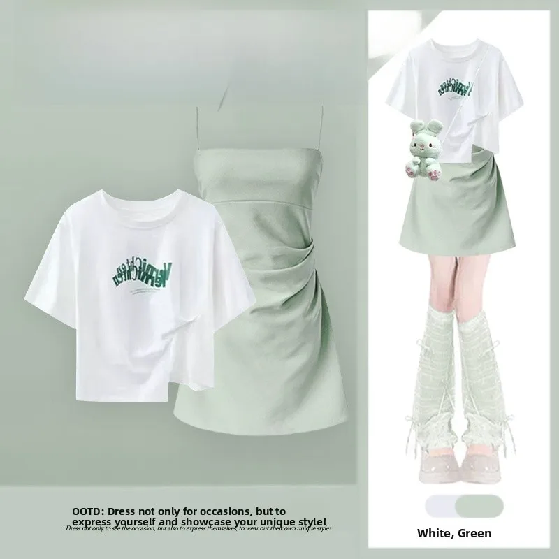 

Fashionable Simplistic Short Sleeve Dress Slimming Small Stature Dopaamine Two Piece Set round Neck Other 100% Material