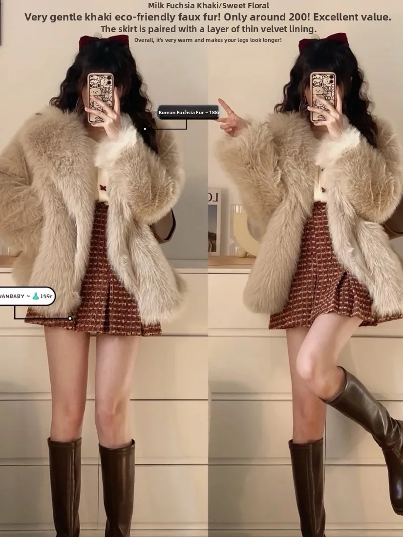 Trendy Loose Women's Fur Coat  Fur Jaet Eco-friendly Ele Street Sle Warmth Long Sve Mid-Length Korean Sle