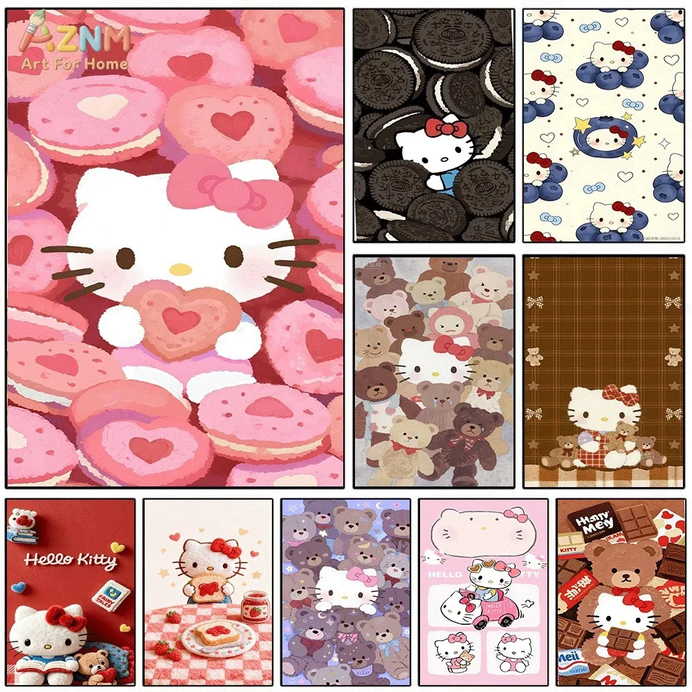 AZNM Hello Kitty Canvas Wall Art Cute Macaron Cookie Chocolate Bear Cartoon Poster Print Kawaii Girls Bedroom Decor Unframed Ca