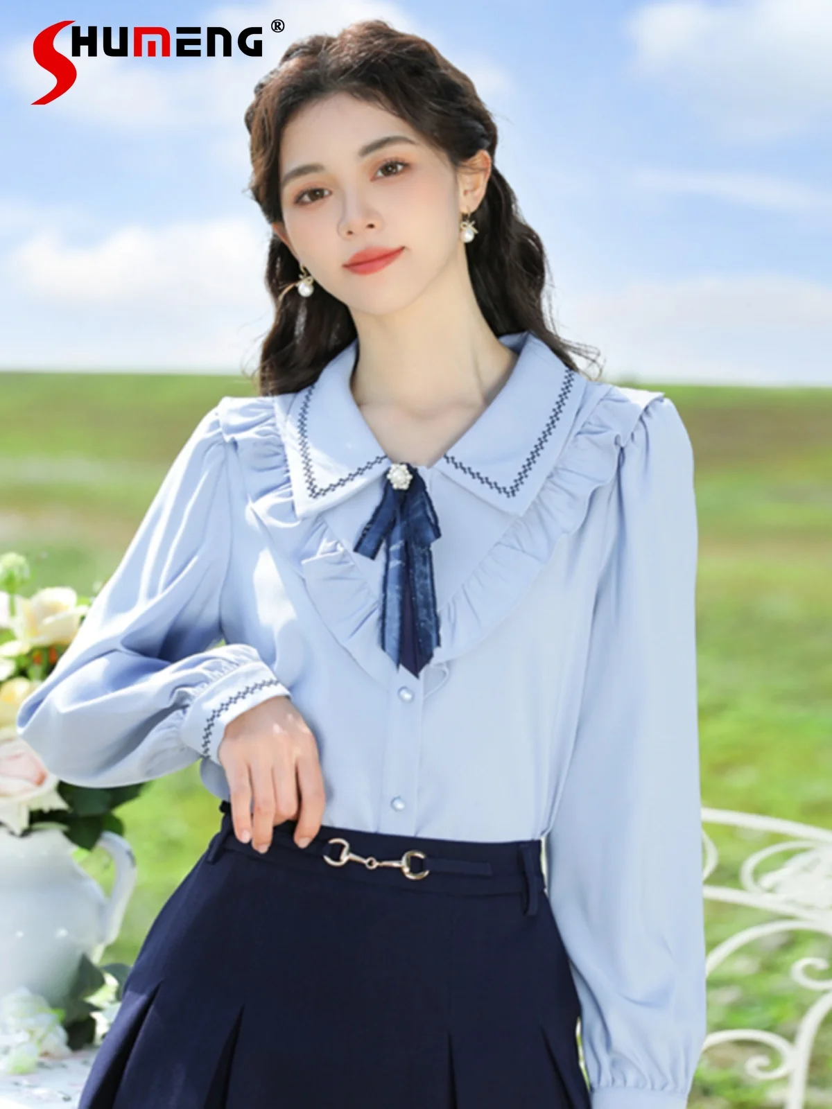 French Commuter Sweet Ruffles Doll Collar Bow Single-Breasted Fashion Casual Long Sleeve Chiffon Shirt Blouse Women Summer 2024