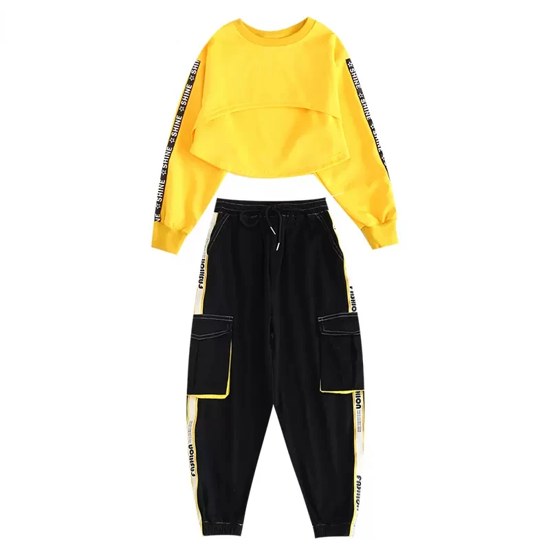 Hip Hop Girls Crop Top Contrast Street Dance Cargo Pants Children Sweatshirt Joggers Kids Streetwear Jazz Costumes Clothes Sets