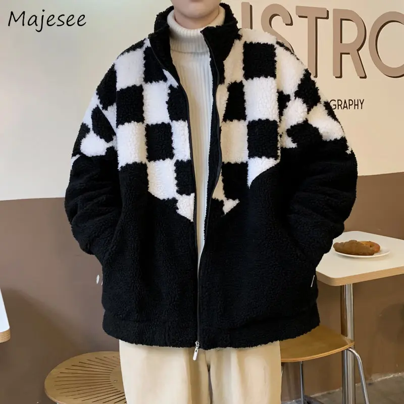 Plaid Parkas Men Stand Collar Clothing Zip Up Coat Winter Warm Thick All-match Black Fashion Designer Preppy College Chic Kpop