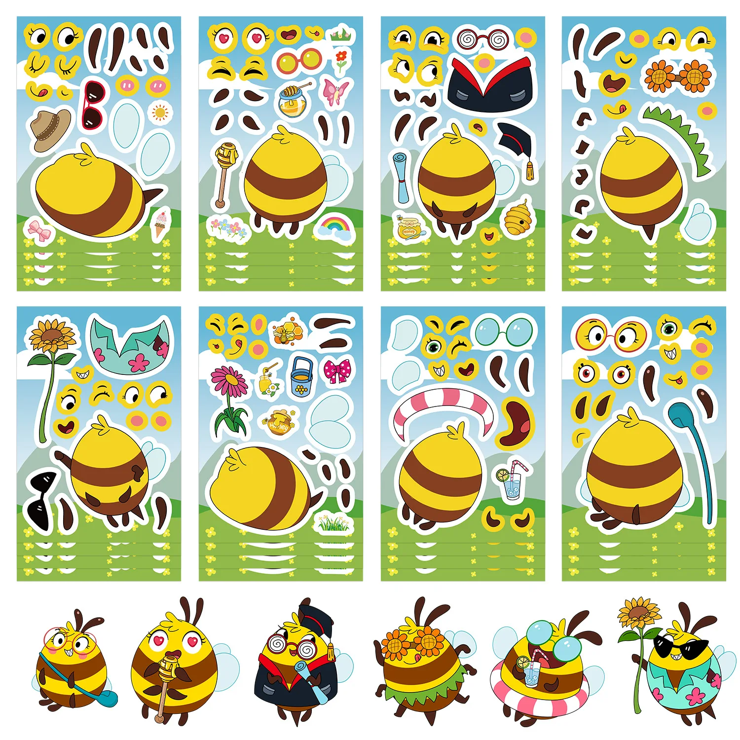 8/16 hojas hacer una cara pegatinas artesanales de abeja para niños DIY juegos de rompecabezas de animales pegatina de recompensa rompecabezas tablón de anuncios calcomanía de aula