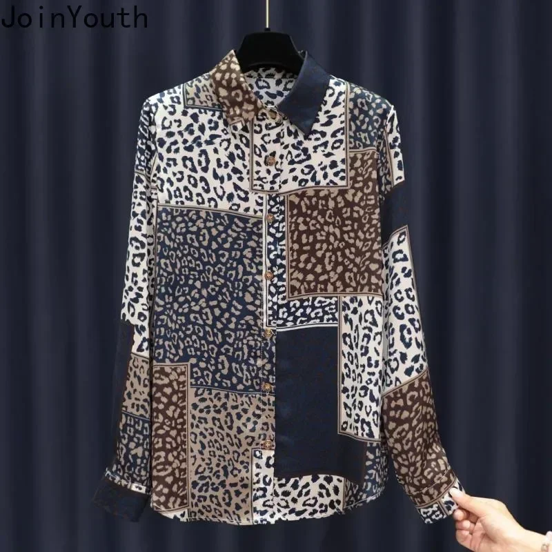 Temperament Lady Tops Blouses Women Long Sleeve Vintage Retro Leopard Print Shirt Contrast Color Loose Summer Camisas De Mujer