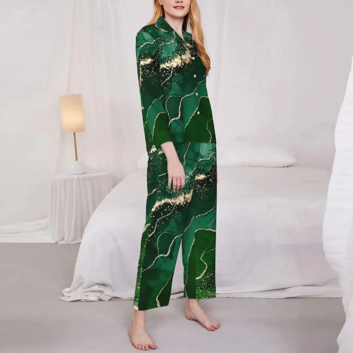 Green And Gold Marble Pajamas Set Cute Sleepwear Women Long Sleeves Aesthetic Bedroom 2 Piece Nightwear Big Size