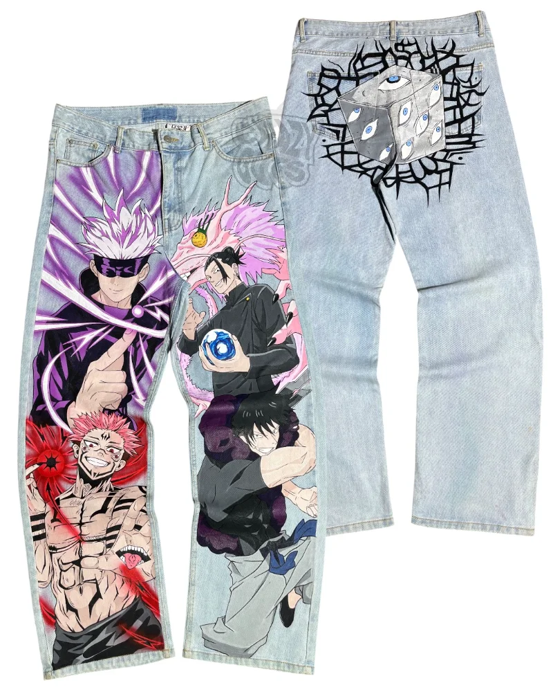 Calças Jeans Vintage Y2K Harajuku com Estampa Gráfica de Anime, Estilo Streetwear Retro, Corte Solto, Jeans para Homens e Mulheres