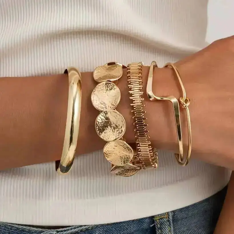 SHIXIN 5Pcs/Set Vintage Exaggerated Knot Irregular Open Geometric Wide Gold Color Stack Bracelets Women Daily Wear Jewelry Gifts
