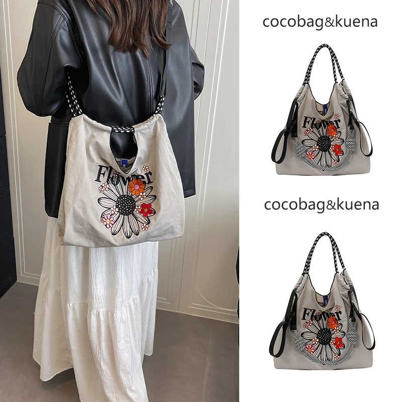 

Fall Winter Large Capaci Commuter Nylon Tote Bag Women's Crossbody Handbag Faionable Embroidery Soft Handle Underarm Bag
