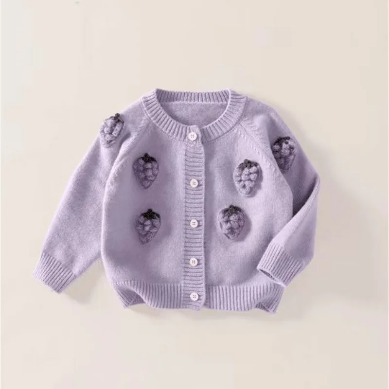 New Girls' Autumn and Winter Round Neck Sweater Children's Three-Dimensional Grape Purple Knitted Cardigan Sweater 1-7Years