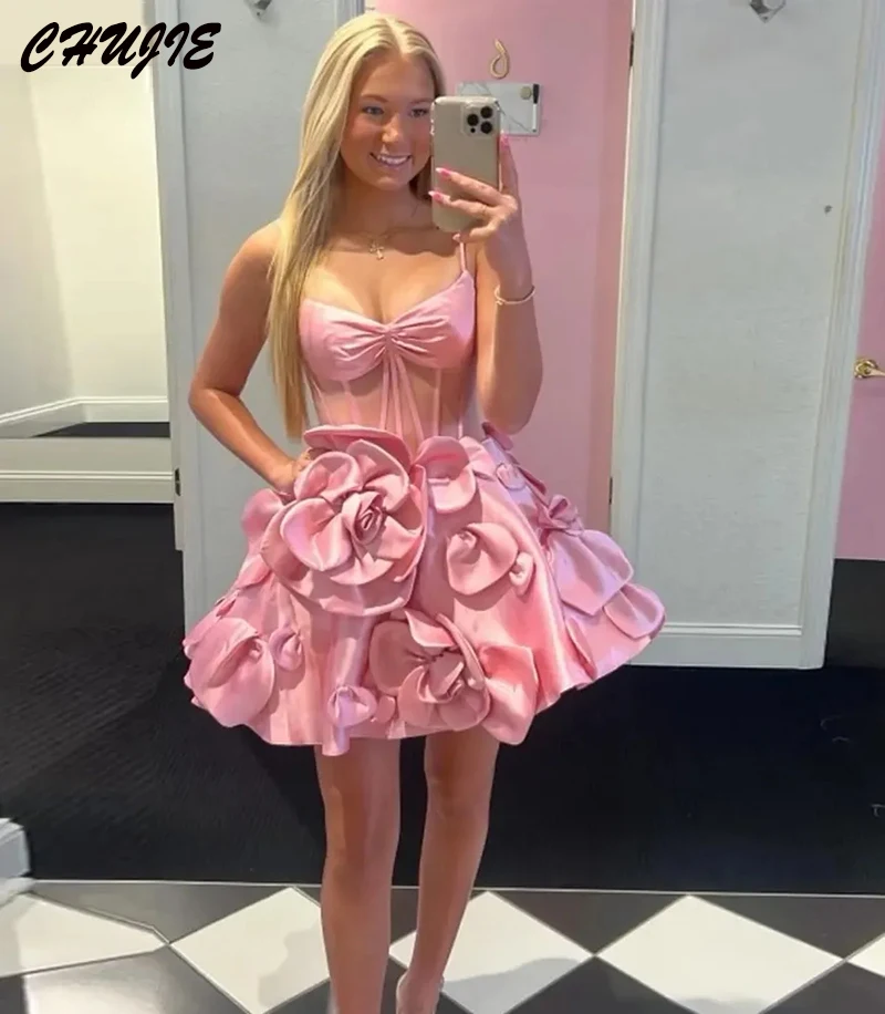 

Flowers Satin Mini Prom Dress Sweetheart Graduation Dresses Spaghetti Straps Evening Gowns Customized Wedding Party Dresses