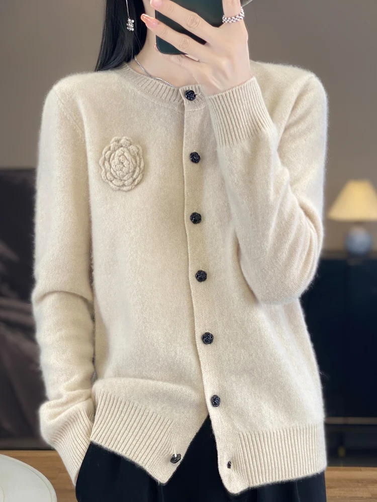 

TLOML New Women's 100% Merino Wool Knitwear O-neck Wool Rose Cardigan Basic Solid Cashmere Sweater Autumn Winter Female Chic Top