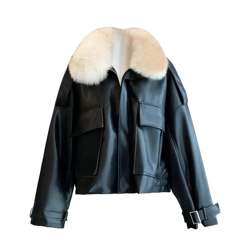 Winter New Thickened Warm PU Leather Coat Women Short Detachable Faux Fox Fur Collar Outcoat Stylish Large Size Leather Jacket