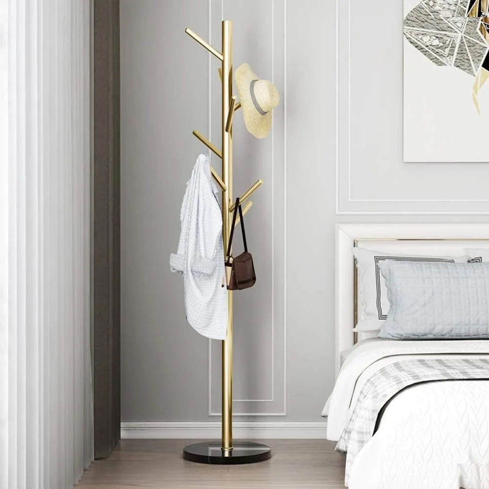 Jolitac Metal Coat Rack Stand Golden Satin Steel Finish Stable Marble Base, High-Grade with Hooks Metal Tree Hat & Coat Hanger