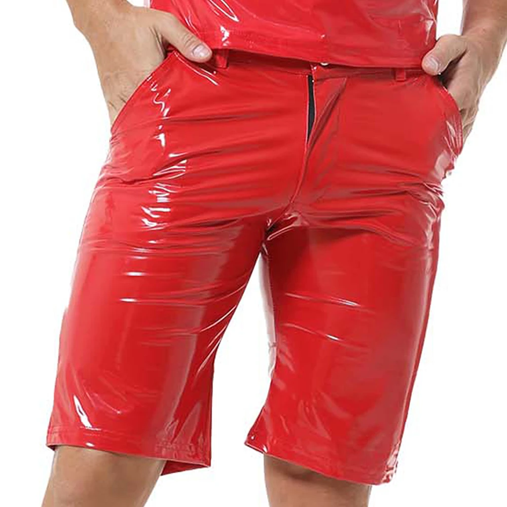 Men Casual PVC Leather Shiny Shorts Fashion Men Solid Color Wet Look Leather Short Pant Slim Clubwear Stage Performance Costume