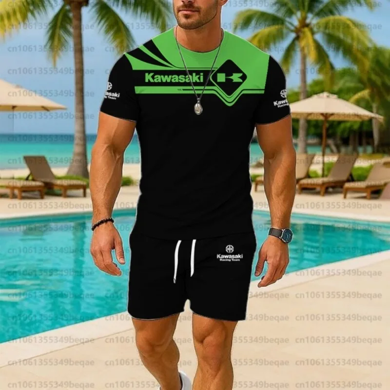 

2025 Summer New Kawasaki Sports Idol Daily Cycling Casual Wear Men's T-shirt and Breathable Shorts Two Piece Set Cool Style