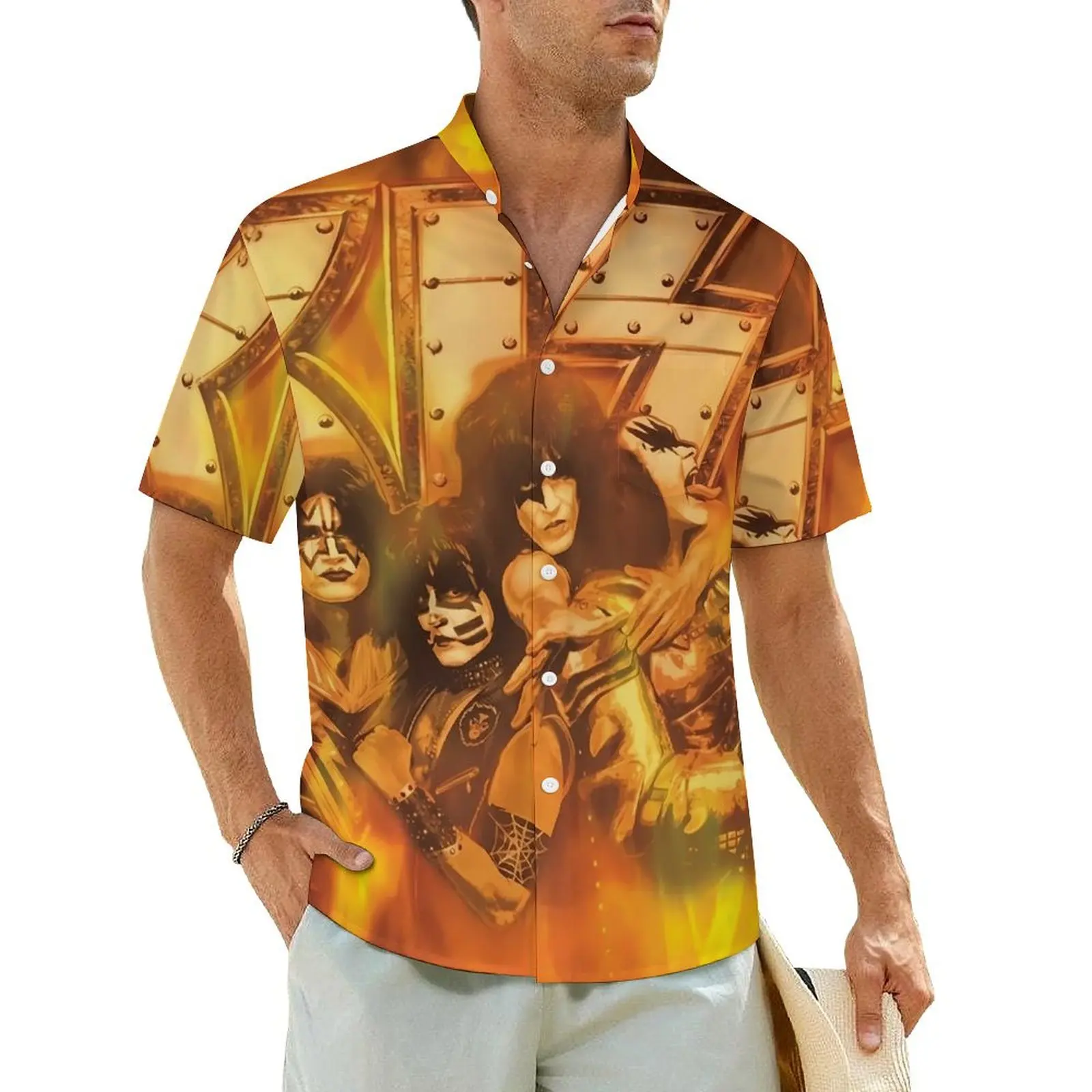 

Kiss Band Hawaii Shirt For Male Beach Vintage Print Casual Shirts Short Sleeve Breathable Pattern Retro Oversized Blouses