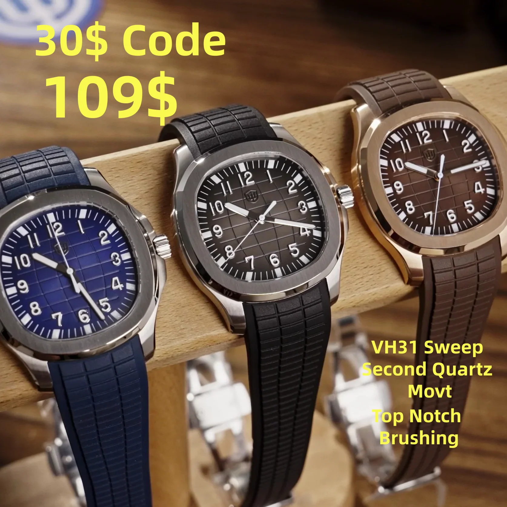 Watchdives WD008 Quarzuhr, 38 mm, VH31, Sweep Second, Saphirglas, 100 m wasserdicht, schlanker 316L-Stahl, BGW9 Lume, FKM-Armband, Casual Sport