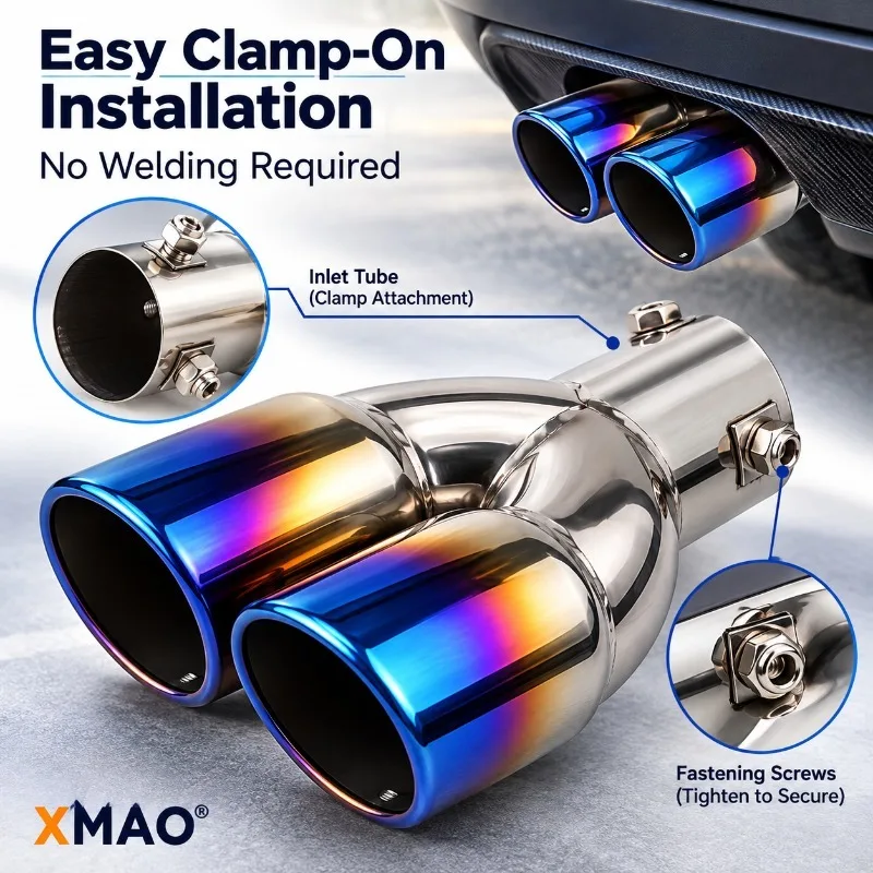 XMAO Thickened Stainless Steel Dual Exhaust Tip 63mm Inlet Universal Clamp-On Twin Outlet Muffler Tailpipe Tip for Car Styling